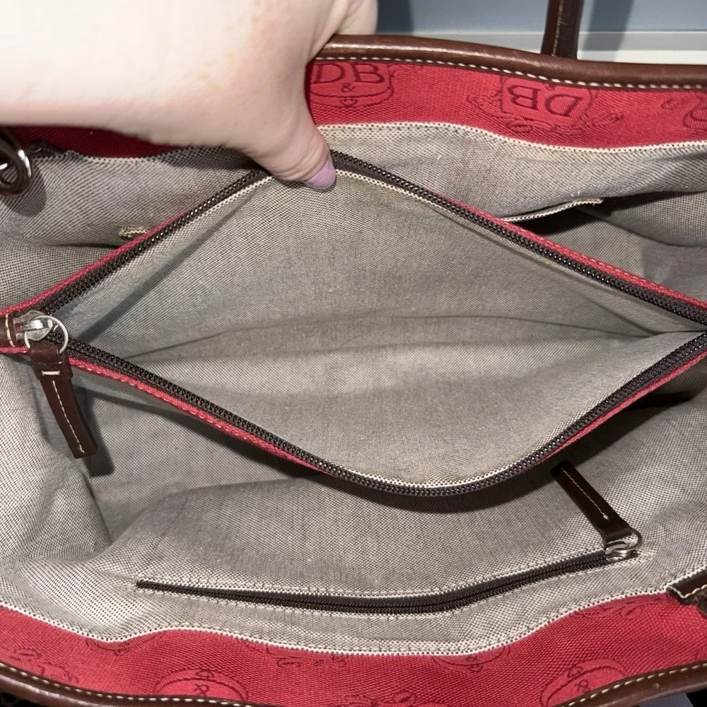 DOONEY & BOURKE Red Canvas & Brown Leather DB Signature Tote Satchel Bag Purse